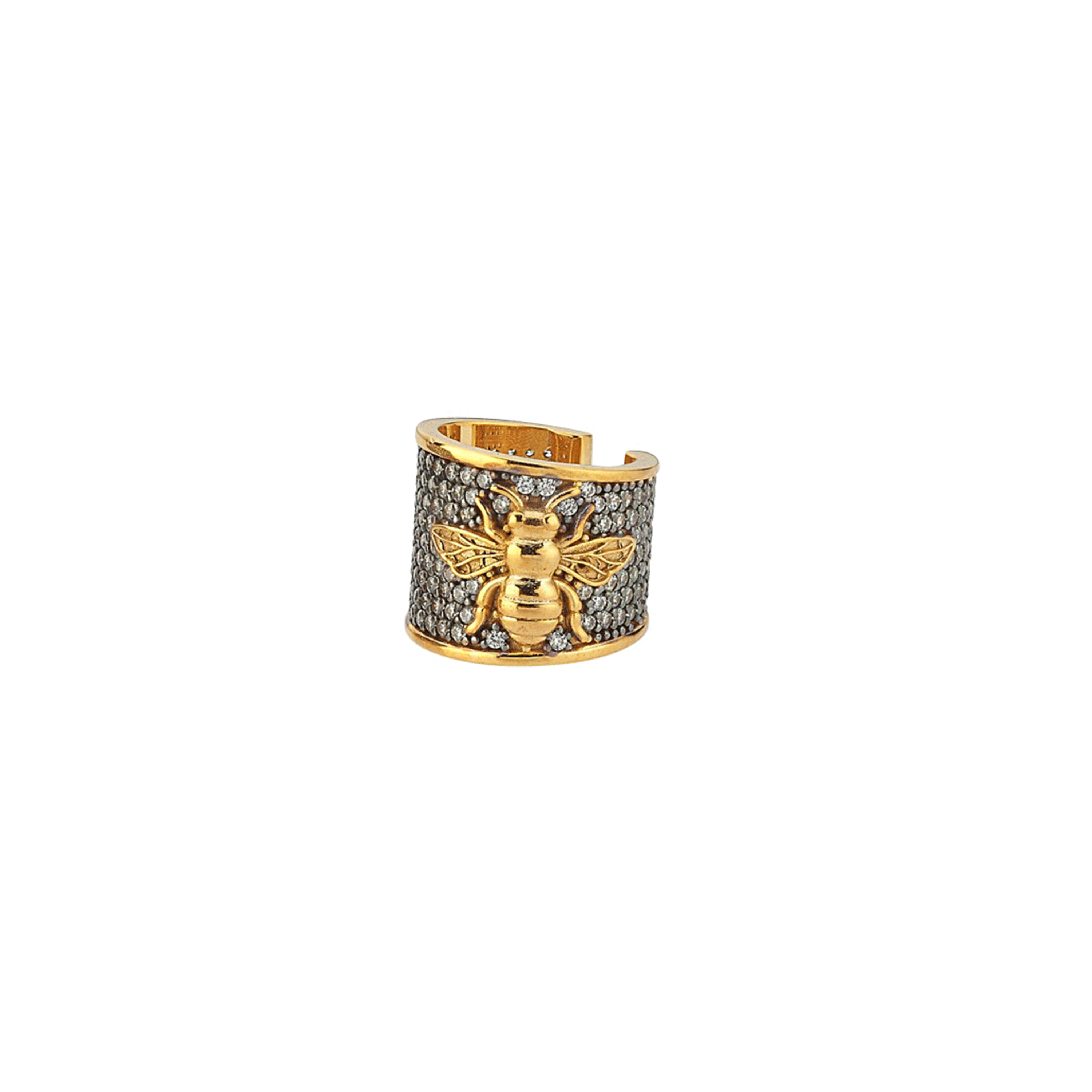 Silver Byzantine earcuff by BEGÜM KHAN featuring intricate beaded design and a bee motif, worn on the ear.