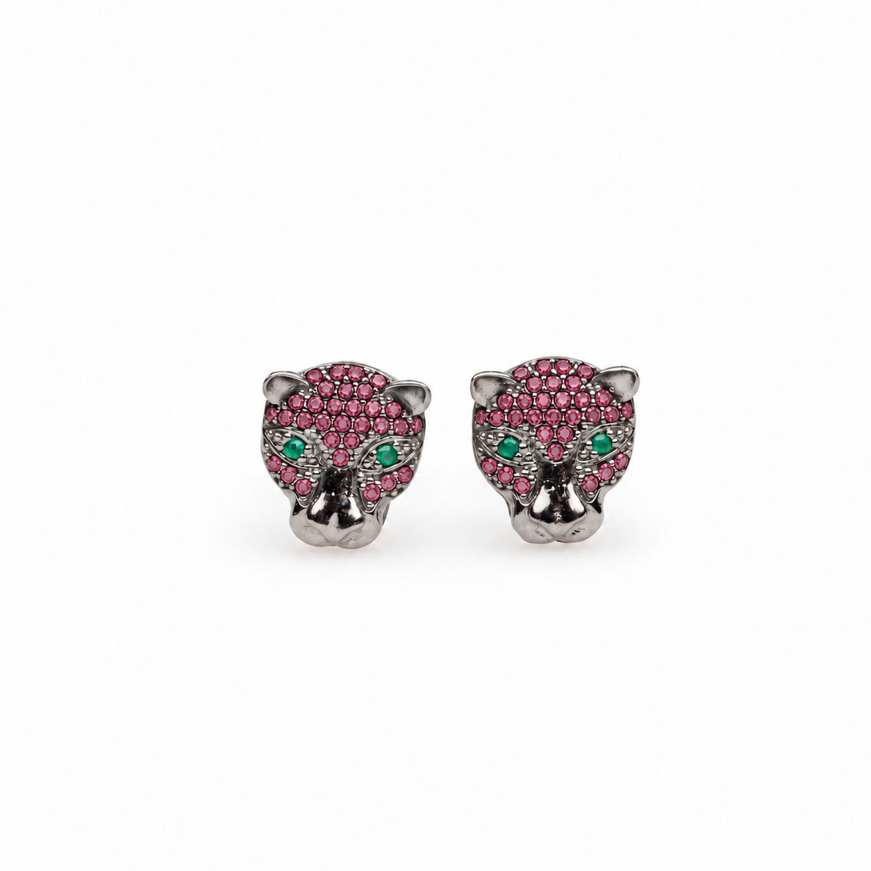 Deep rose gemstone Panther cufflinks by BEGÜM KHAN featuring a sleek, polished design with a deep rose color and elegant Panther motif.