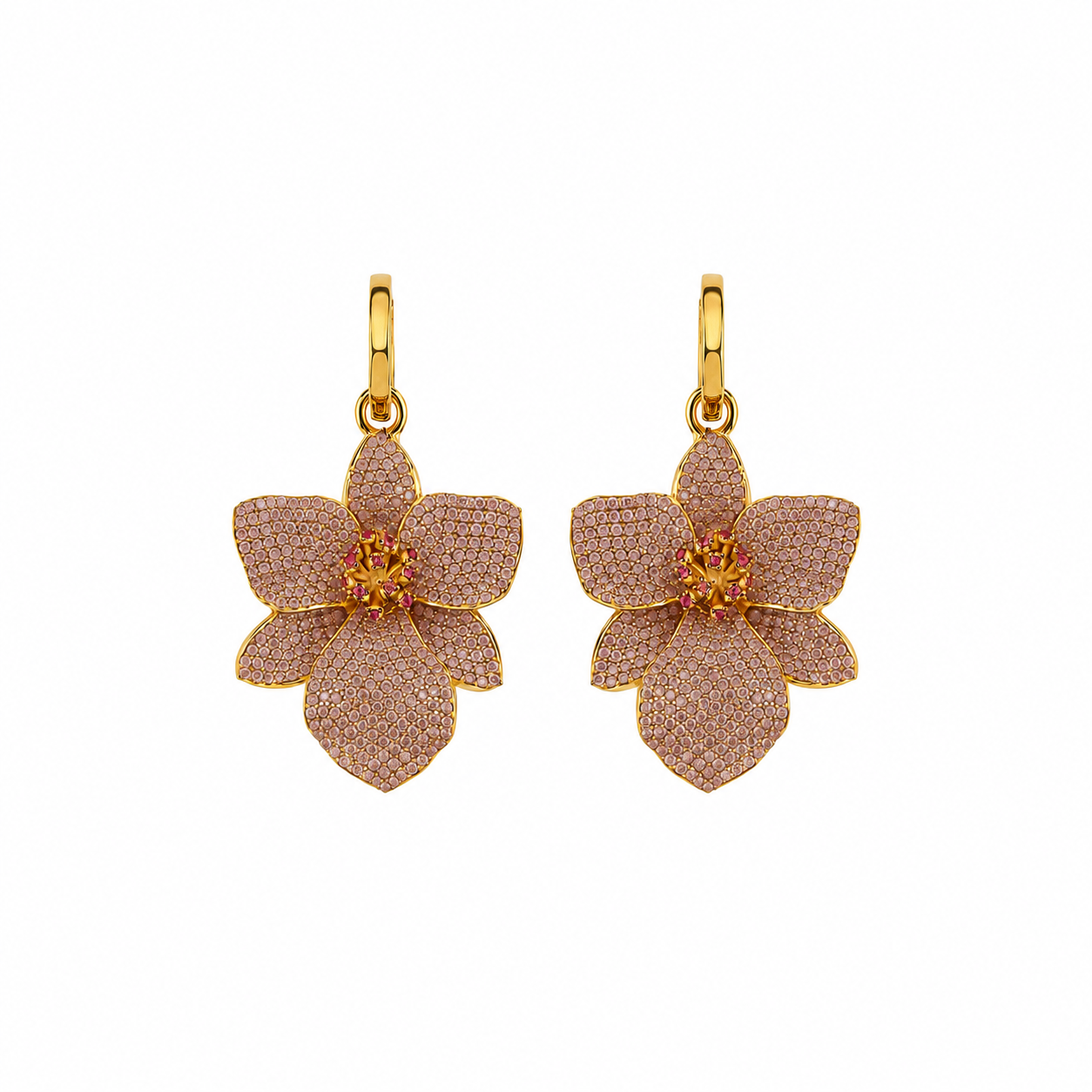 BEGÜM KHAN Orchid Juvena hoop earrings featuring dusty blush petal design, elegant and lightweight jewelry for everyday wear.