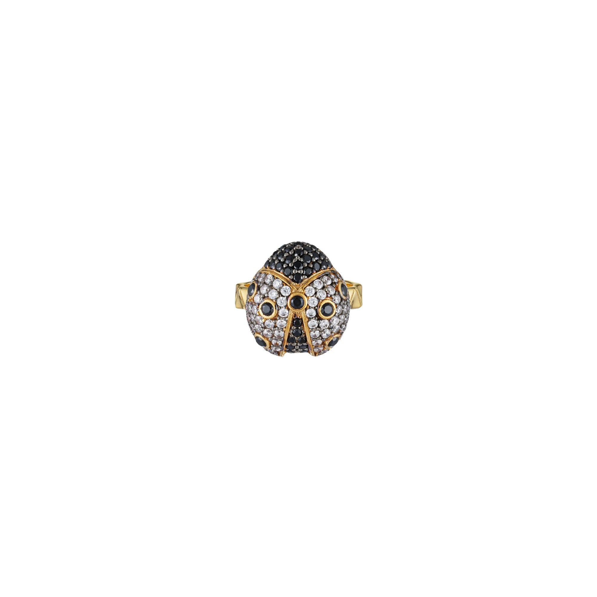 Pink ladybug-shaped crystal ring by BEGÜM KHAN, featuring a black band and detailed ladybug design.