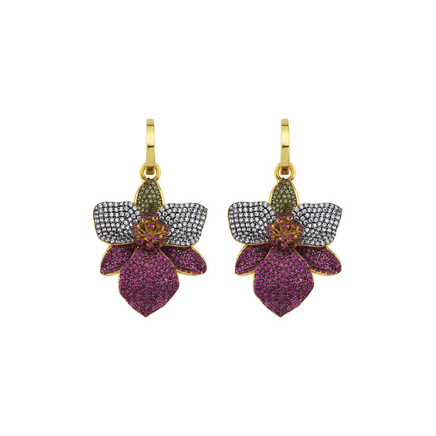 Multicolor orchid Juvena hoop earrings by BEGÜM KHAN, featuring vibrant floral design and gold-tone hoops.