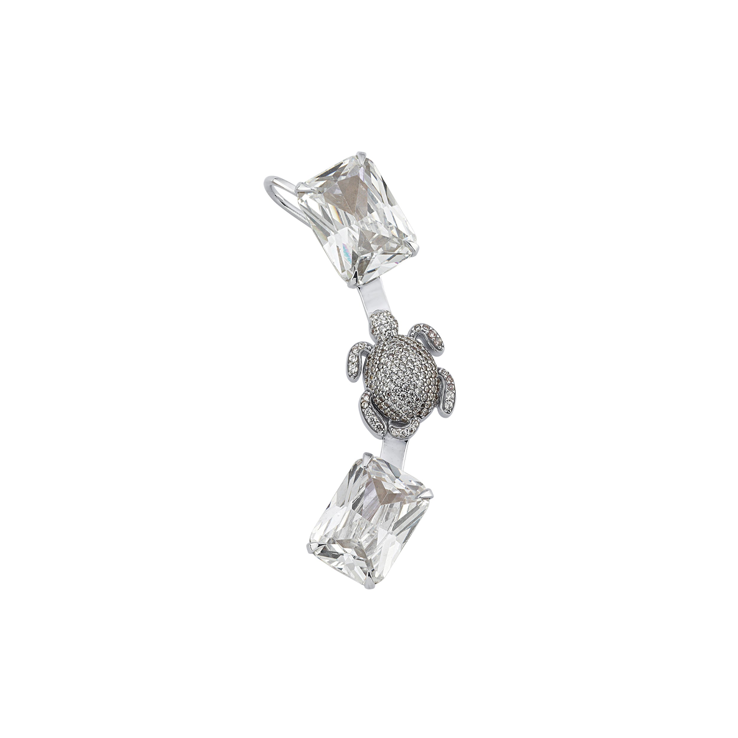BEGÜM KHAN Serdarino Diamante earcuff in platinum featuring sparkling diamanté stones, shown on the left ear.