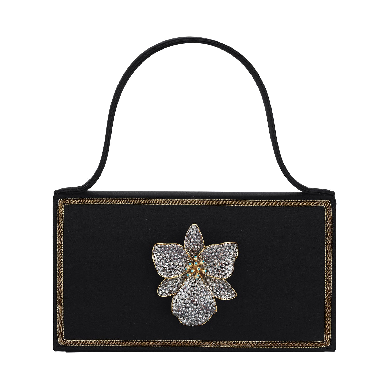 Gold orchid-themed BEGÜM KHAN bag with floral design, featuring a structured shape and elegant details.