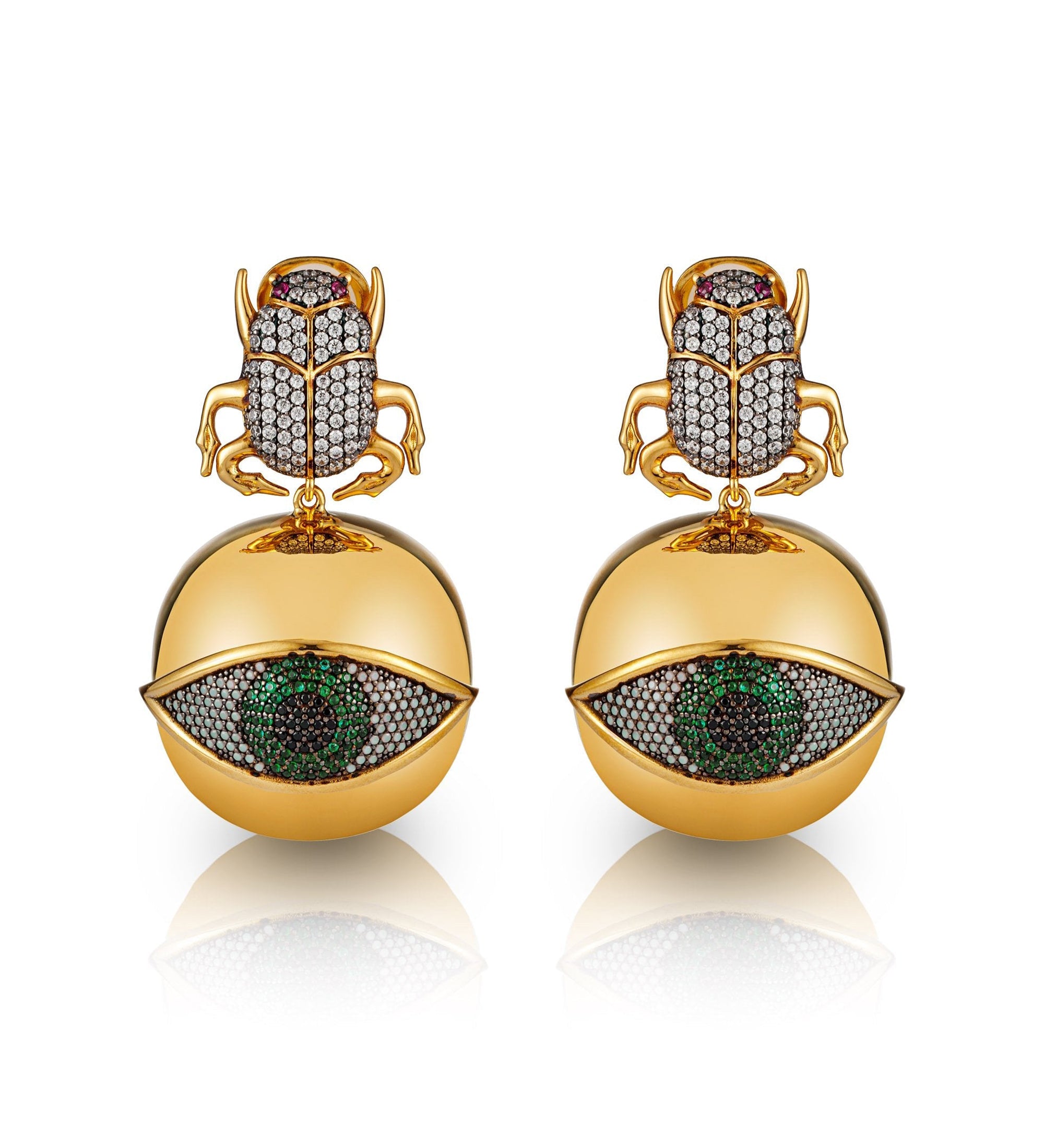 BEGÜM KHAN Scarab Goldeneye earrings featuring green crystals and intricate gold-tone design, hanging jewelry with detailed craftsmanship.