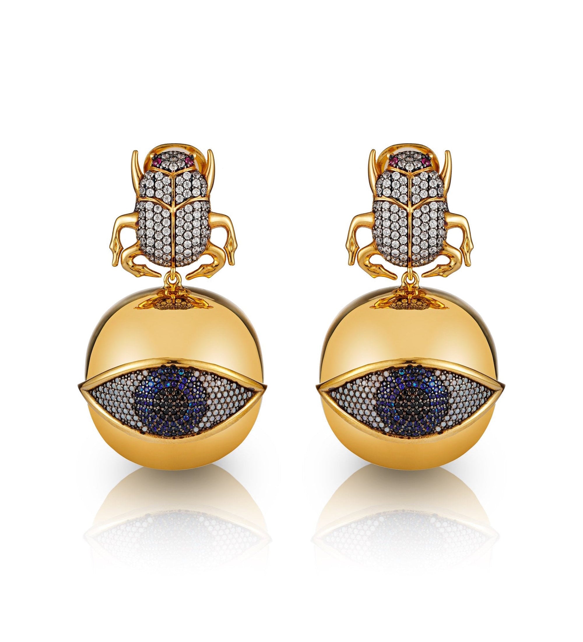 BEGÜM KHAN Scarab Goldeneye earrings with navy crystals, featuring intricate gold-tone detailing and elegant design.